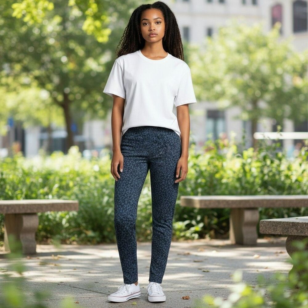 Spanx Womens Large Blue Animal Print Skinny Ankle Jeans Jeggings Size L Pull On